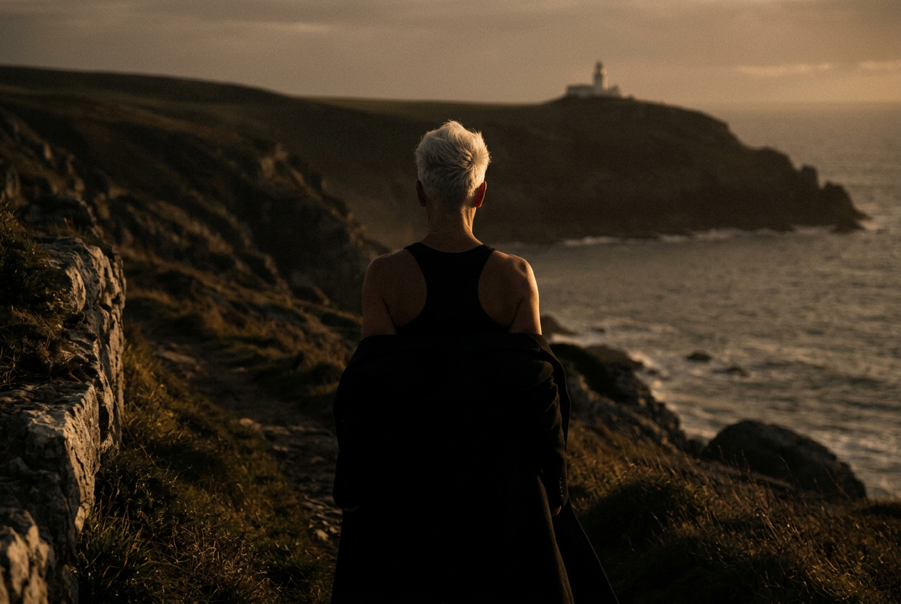 PHLUX walking on a coastal path in morning light